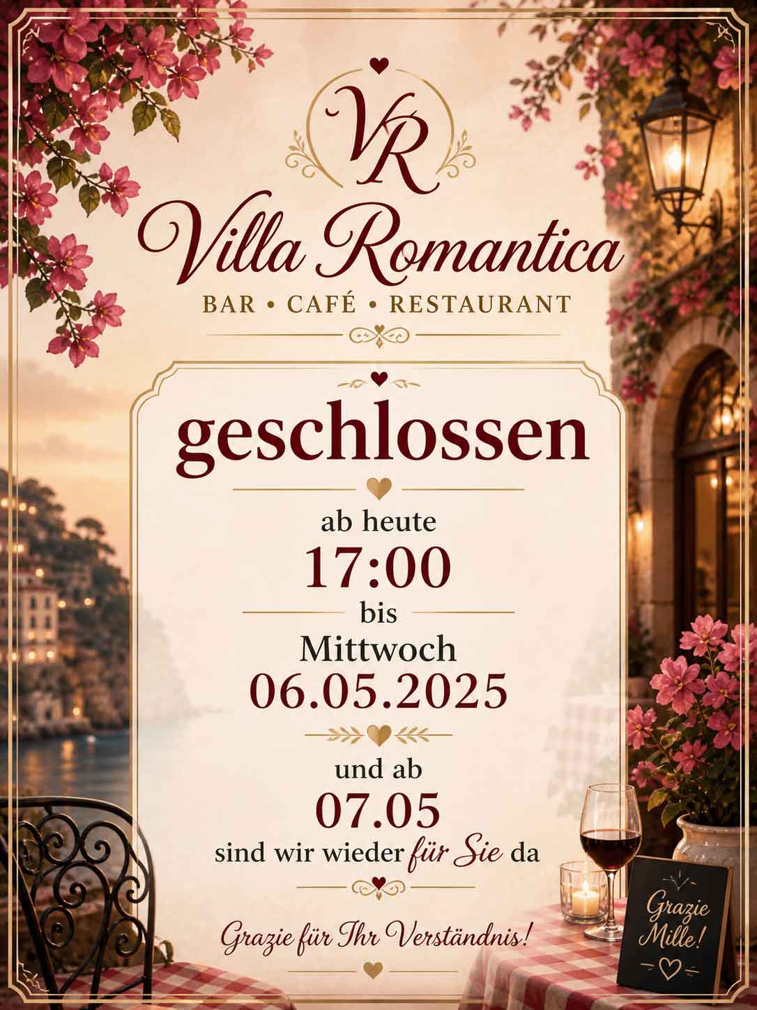 wir möchten Sie darüber informieren, dass unser Restaurant Villa Romantica heute ab 17:00 Uhr vorübergehend geschlossen ist.